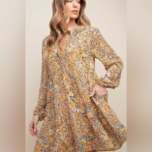 KORI America Floral Yellow and Blue Women's Dress SZ LG